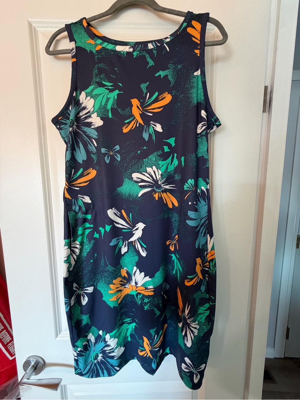 Columbia Navy Floral Sleeveless Mini Dress with Teal & Orange Accents
